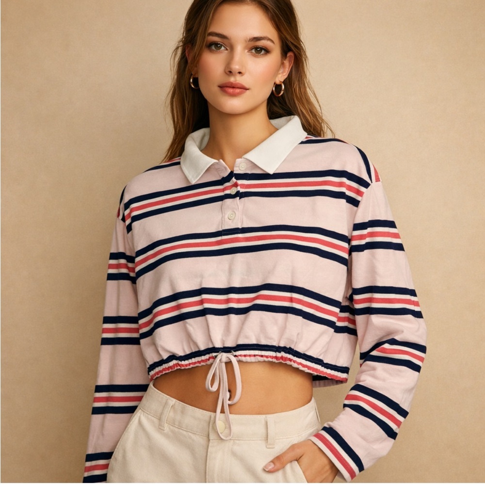 Chase Fame Cropped Striped Polo Long Sleeve Top – Size XL
